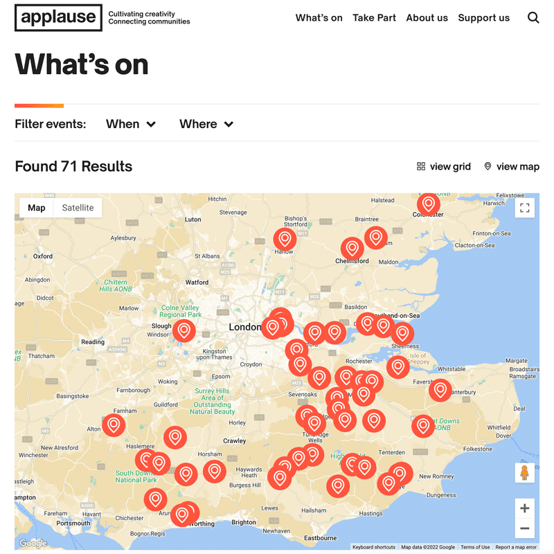 map of venue locations example - applause rural touring